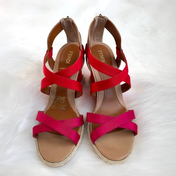 FENDI Rio Tricolor Elastic Wedge Pink Red Sandals - Picture 3 of 5